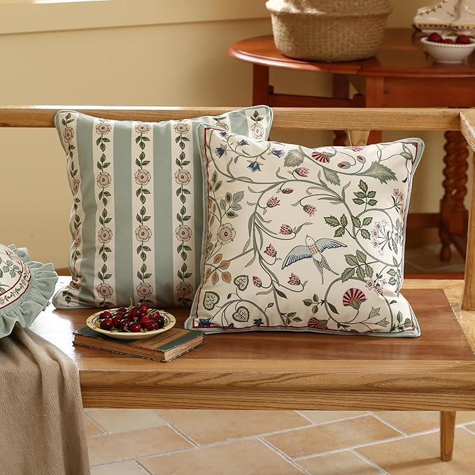 Square Throw Pillow Covers, Green Cozy Velvet Farmhouse with Birds and Flowers Pattern Pillowcases,Decoration Pillows Cushion Covers for Couch Sofa Bed Car Chair,18"x18"