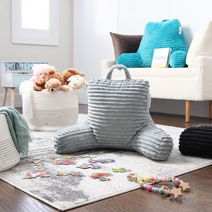 Nestl Reading Pillow for Kids & Teens with Shredded Memory Foam, Luxe Cut Plush Backrest Pillows for Reading and Gaming, For use on Couch, Bed, Floor, Adjustable Support with Washable Cover Light Grey