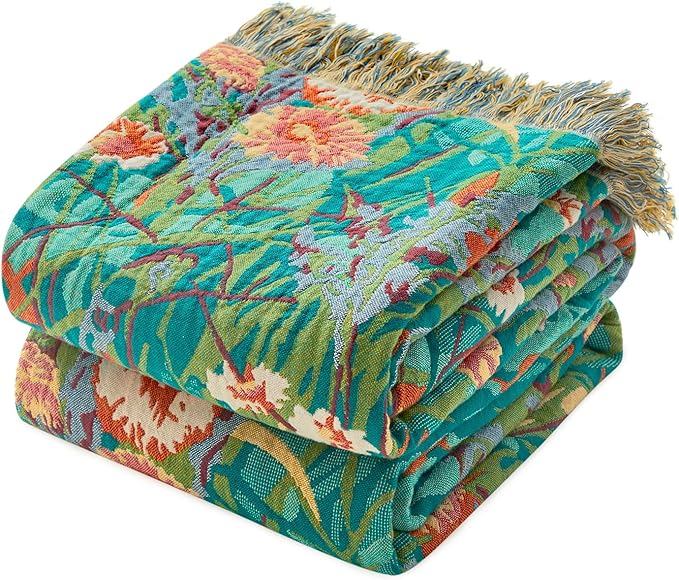 MSGKV Boho Throw Blanket 50"x60" Floral Blankets for Couch 100% Cotton Chair Sofa Throws Lightweight Farmhouse Muslin Breathable Bed Blankets Home Decor All Seasons