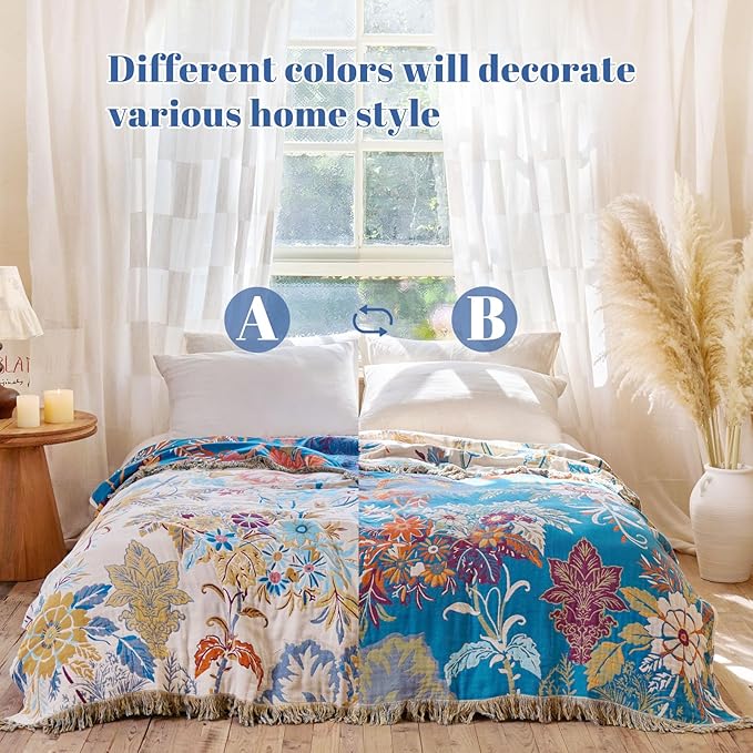 MSGKV Boho Throw Blanket for Bed Cotton 60"x80" Floral Blanket Twin Size Couch All Seasons Muslin Breathable Lightweight Farmhouse Blankets