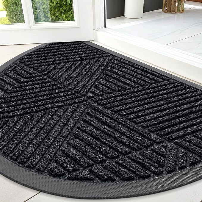 Smiry Half Circle Front Door Mat Outside Entrance, Heavy Duty Sturdy Natural Rubber Doormat, Trap Dirt and Moisture, Low Profile Mats for Indoor Outdoor Entry, Irregular Triangle (47x32, Black)
