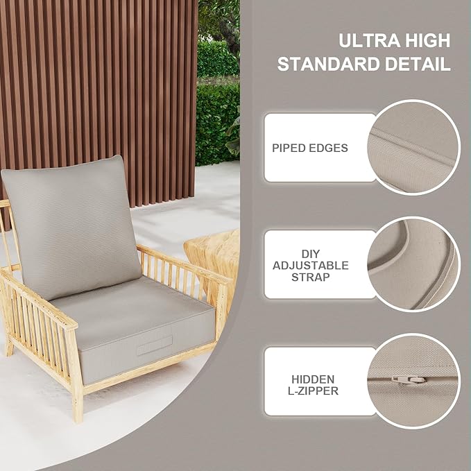 Outdoor Olefin Water-Resistant Deep Seat Cushion Set, 23''x26''x6'' Weather and Fade Resistant Patio Furniture Seat Cushion, Thickened Sofa Chair Pad with Straps for Lawn, Garden, Gray Apricot
