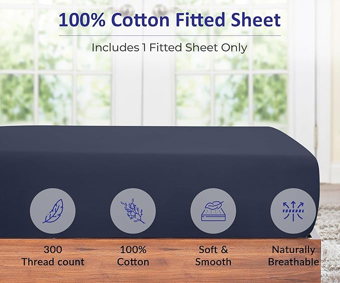 ROYALE LINENS 300 Thread Count 100% Long Staple Combed Cotton Fitted Sheet Full - Super Soft Deep Pocket Bottom Sheet - Fitted Sheets Only - Elastic Sheets (Full, Navy)
