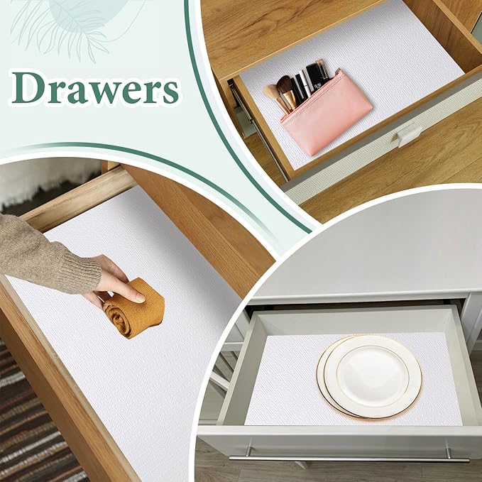 Drawer and Shelf Liner for Kitchen Cabinet: 12 in X 30 Ft Non Slip Waterproof Shelf Paper Non Adhesive Refrigerator Liners White Easy Liners for Bathroom Cupboard with Knife Tape Measure
