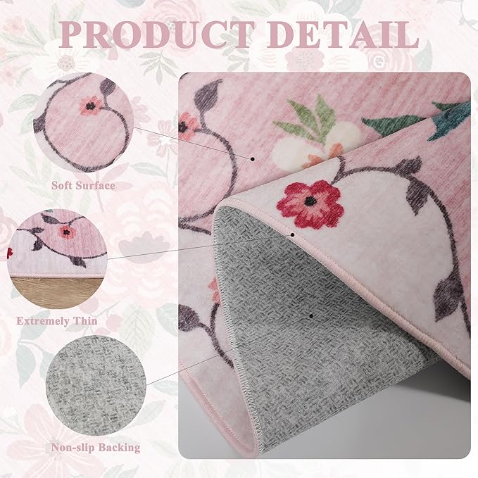 DUKINO 2x10 Kitchen Runner Rug for Hallway, Washable Runner Rug with Non Slip Backing, Low Pile Soft Boho Floral Carpet for Kitchen, Hallway, Entryway, Laundry, Bedroom, Pink