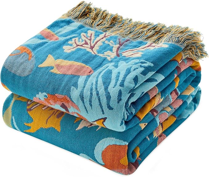 MSGKV Throw Blanket for Couch Cotton Cute Ocean Animals Blanket 50"x60" Sofa Chair Blankets Muslin Breathable All Seasons Lightweight Farmhouse Home Decor