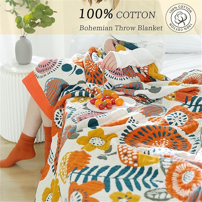 Boho Throw Blanket 60''x80'' for Bed Couch, Floral Muslin Bed Blankets Boho Quilt Travel Mexican 100% Cotton Super Soft Fall Blanket Picnic Blankets
