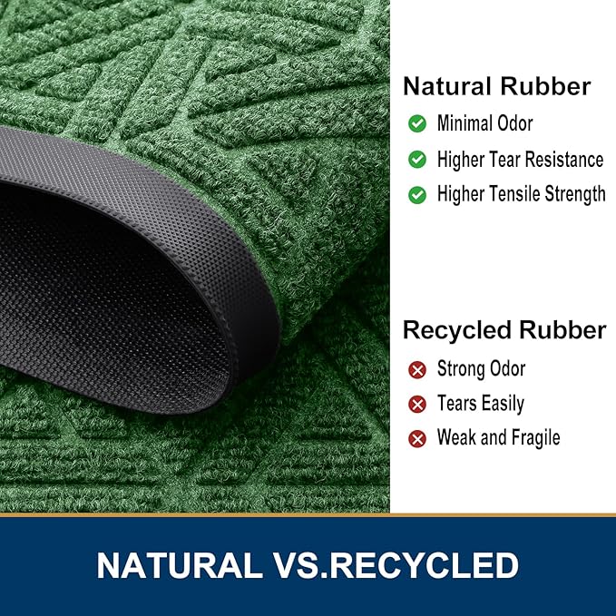 Smiry Front Door Mat Outside Entrance, Heavy Duty Sturdy Natural Rubber Doormat, Trap Dirt and Moisture, Easy Clean Low Profile Mats for Indoor Outdoor Entry, Grid Geometric (36x24, Green)