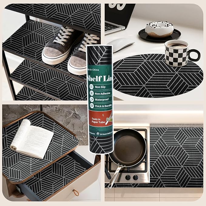 Shelf Liners for Kitchen Cabinets 12in x 20FT, Non Adhesive Cabinet Liner Strong Non-Slip Black and Silver Geometric Drawer Liner, Easy to Clean for Shelf, Cabinet with Knife and Tape Measure