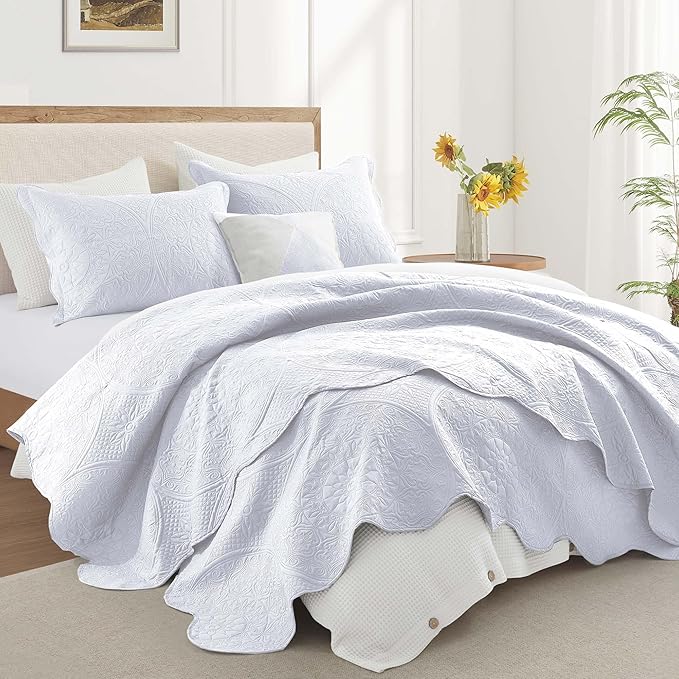 IR Imperial Rooms Twin Quilt Bedding Set Size (68” x 86”) + 1 Pillow Shams (20” x 26” + 2”) - 2 Pcs All Season Lightweight Reversible Microfiber Coverlet Floral Embossed Quilt Bedspread (White)