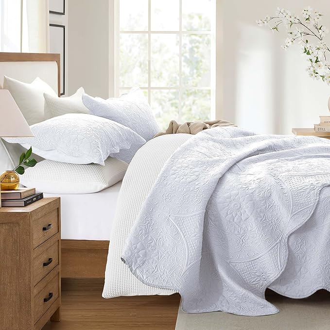 IR Imperial Rooms Twin Quilt Bedding Set Size (68” x 86”) + 1 Pillow Shams (20” x 26” + 2”) - 2 Pcs All Season Lightweight Reversible Microfiber Coverlet Floral Embossed Quilt Bedspread (White)