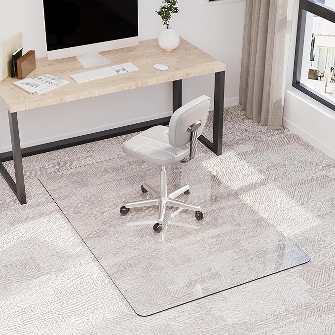 32" x 48" Tempered Glass Office Chair Mat for Carpet & Hardwood Floor, 1/6" Thick Clear Floor Protector Desk Chair Mat with Rounded and Polished Edges