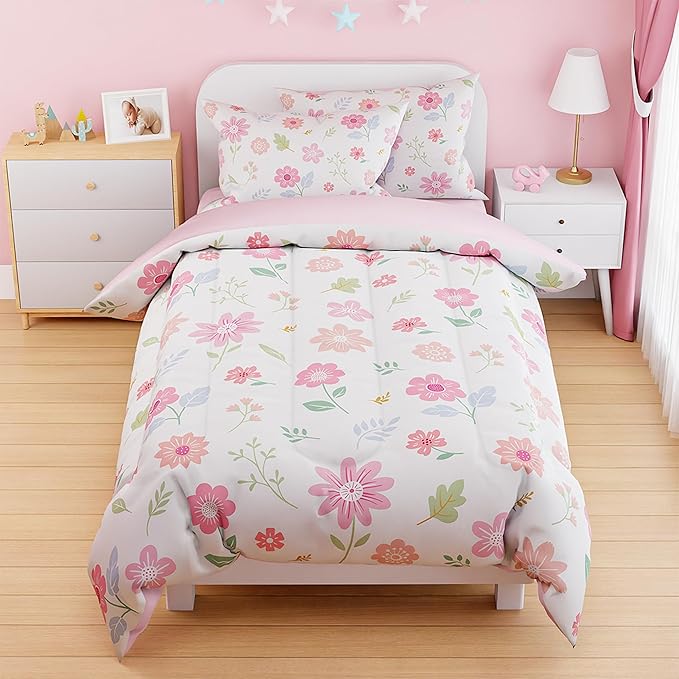 SANDJEST Floral Duvet Cover Sets Twin Size for Kids Girls, Include 1 Polyester Comforter Cover 68x86 Inches and 1 Pillowcase 20x26 Inches, Comforter Not Included, Gift for Christmas Birthday