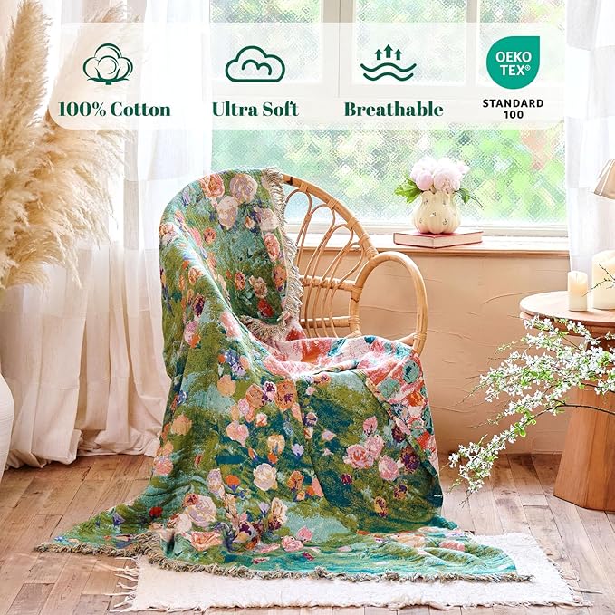 MSGKV Boho Throw Blanket for Couch Cotton Floral Blanket 50"x60" for Sofa Chair Throws Muslin Breathable Lightweight Farmhouse Blankets Home Decor All Seasons
