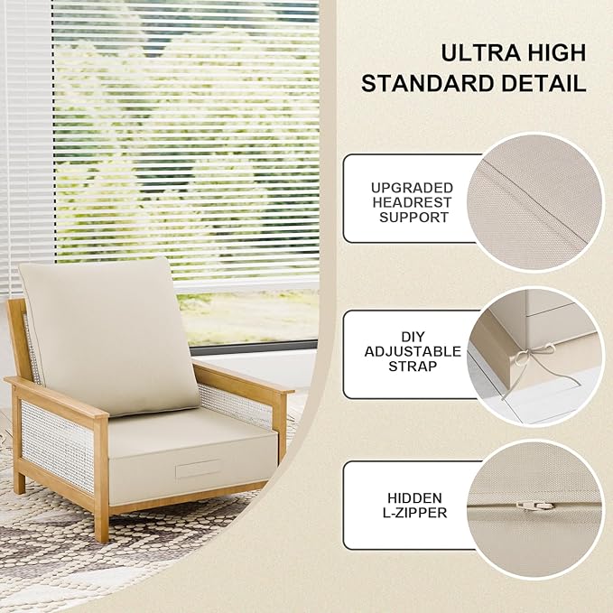 Outdoor Olefin Water-Resistant Deep Seat Cushion Set, 24''x24''x6'' Weather and Fade Resistant Patio Furniture Seat Cushion, Thickened Sofa Chair Pad with Straps for Lawn, Garden, Gray Apricot