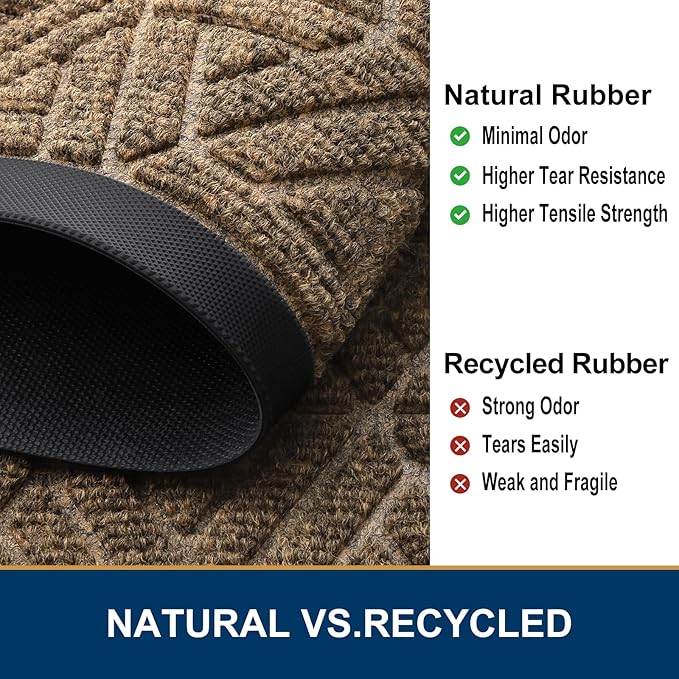 Smiry Front Door Mat Outside Entrance, Heavy Duty Sturdy Natural Rubber Doormat, Trap Dirt and Moisture, Easy Clean Low Profile Mats for Indoor Outdoor Entry, Grid Geometric (47x32, Brown)