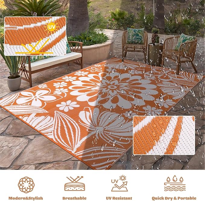 Ileading Outdoor Plastic Straw Rug 8x10ft Funny Floral Style Reversible Patio Area Rugs Waterproof Non Shedding Portable Carpets for Rv Outside Deck Pool Beach Picnic Camping (Orange)
