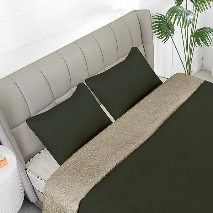 Easy-Going Twin Size Reversible Quilt Set with 1 Quilt and 1 Pillow Sham, Soft Bed Quilt Cover, Water Resistant Lightweight Microfiber Bedspread, Stain Resistant, Olive Leaf-Army Green/Beige