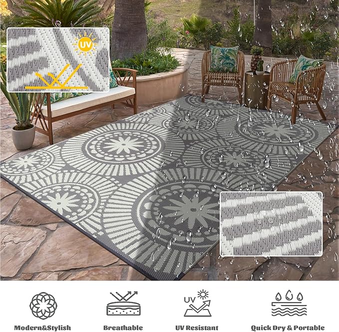 Ileading Reversible Plastic Outdoor Rug Modern Geometric Style Patio Straw Mat Waterproof Deck Carpets Non Shedding Portable Area Rugs for RV Beach Backyard Outside Pool Picnic Camping (5'x8'Grey)