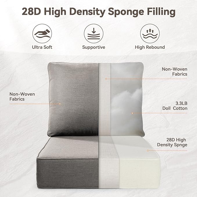 Luxury 6" Outdoor Cushions for Patio Furniture, 24x24x6" Thick Seat Cushion Set of 6, Fade Resistant Couch Chair Replacement Cushions High Density Deep Wicker Chair Cushion w/ Removable Cover Gray