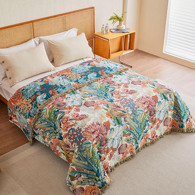 MSGKV Boho Throw Blanket for Bed Twin Size 100% Cotton Floral Blanket 60"x80" for Sofa Couch Muslin Breathable All Seasons Farmhouse Lightweight Blankets Home Decor