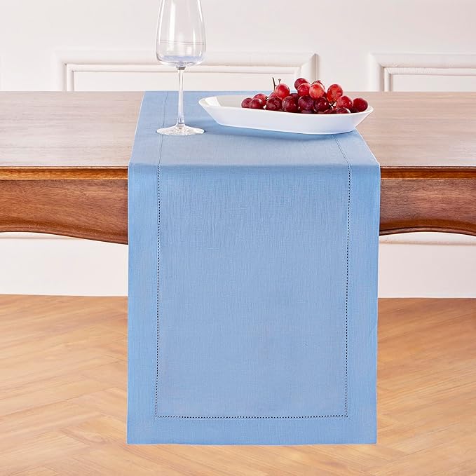 Solino Home Linen Cornflower Blue Hemstitch Table Runner 36 Inches - 100% Pure Linen Table Runner 14 x 36 Inch Ideal for Dresser and Coffee Tables - Classic Hemstitch - Christmas, Holiday, New Year