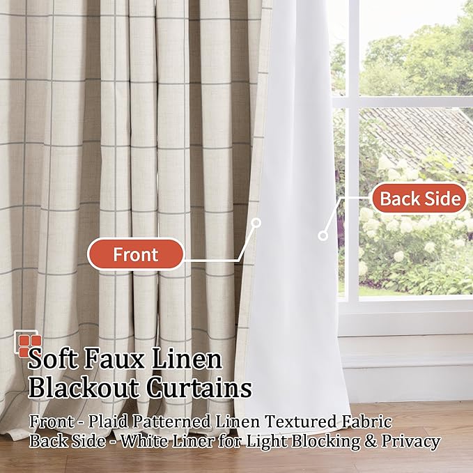 Grey Plaid Linen Blackout Curtains for Bedroom - Boho Style Curtains Thermal Insulated, Pattern Printed Rustic Drapes Window Treatments for Cottage Farmhouse, 52x63 Inch 2 Panels