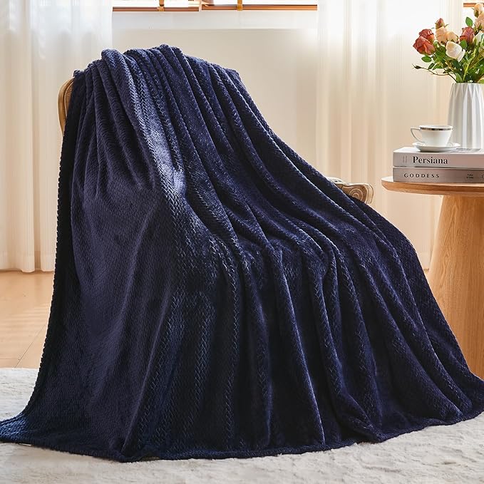NEWCOSPLAY Super Soft Throw Blanket Dark Navy Premium Silky Flannel Fleece Leaves Pattern Lightweight Bed Blanket All Season Use (Dark Navy, Throw(50"x60"))