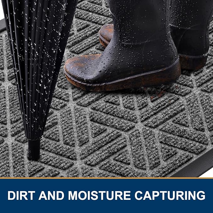 Smiry Front Door Mat Outside Entrance, Heavy Duty Sturdy Natural Rubber Doormat, Trap Dirt and Moisture, Easy Clean Low Profile Mats for Indoor Outdoor Entry, Grid Geometric (47x32, Silver Grey)