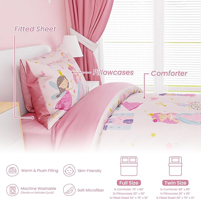 SANDJEST Princess Comforter Set Twin Size 68x86in for Kids Girls, Microfiber 3 Pcs Bedding Set Includes 1 Comforter, 1 Pillowcase, 1 Fitted Sheet, Nursery Room Decor