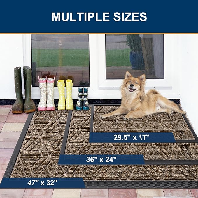 Smiry Front Door Mat Outside Entrance, Heavy Duty Sturdy Natural Rubber Doormat, Trap Dirt and Moisture, Easy Clean Low Profile Mats for Indoor Outdoor Entry, Grid Geometric (47x24, Brown)