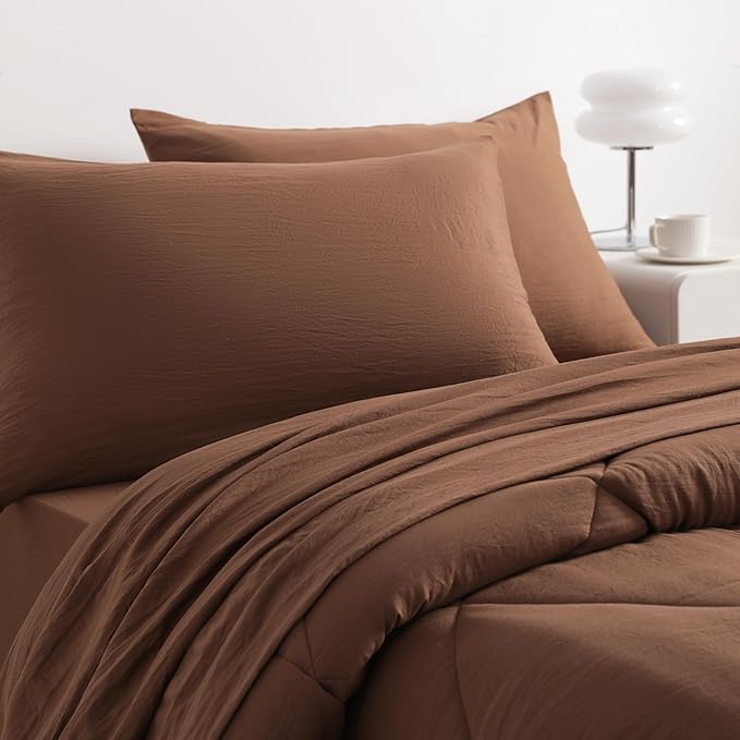 NTBAY Twin Comforter Set with Sheets, 5 Pieces Soft and Breathable Twin Bedding Set, Twin Bed in a Bag, Down Alternative Comforter Set Solid Color All Season, Kids Bedding Set, Brown