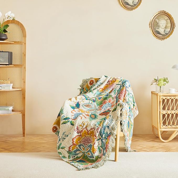 MSGKV Boho Throw Blanket for Couch 50"x60" 100% Cotton Vine Embroidery Blanket Bed Chair Sofa Blankets Muslin Breathable All Seasons Lightweight Farmhouse Blankets Home Decor