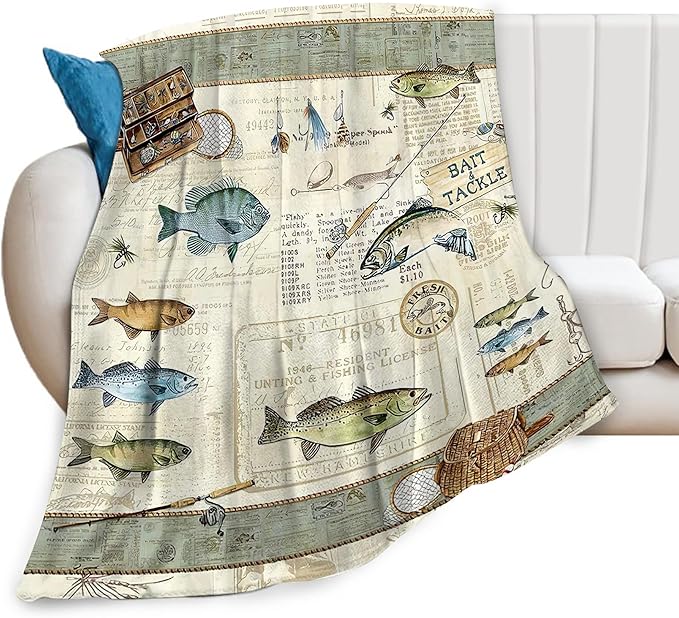 Fishing Blanket Fishing Gifts for Men Fish Throw Blanket Fishing Blanket for Kids Adults Soft Warm Cozy Fleece Blanket for Couch Sofa Bed 60"x80"