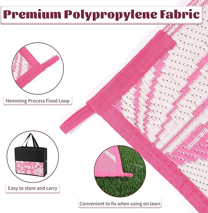 Ileading Outdoor Plastic Straw Rug 5x8ft Funny Floral Style Reversible Patio Area Rugs Waterproof Non Shedding Portable Carpets for Rv Outside Deck Pool Beach Picnic Camping (Pink)