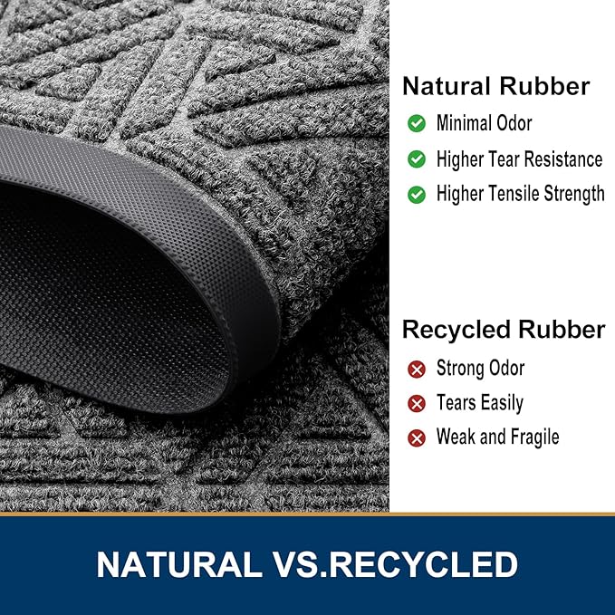 Smiry Front Door Mat Outside Entrance, Heavy Duty Sturdy Natural Rubber Doormat, Trap Dirt and Moisture, Easy Clean Low Profile Mats for Indoor Outdoor Entry, Grid Geometric (47x32, Silver Grey)