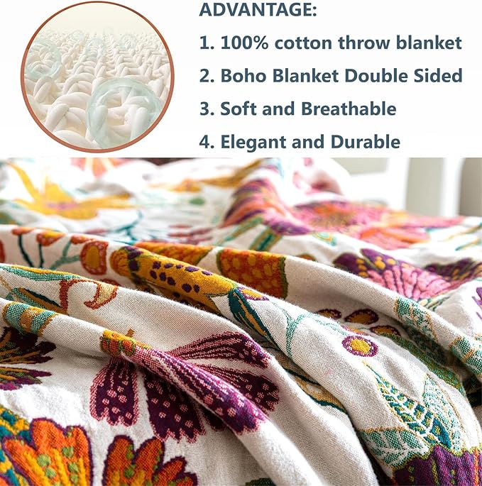 Fall Throw Blanket for Couch Bed Chair, 100% Cotton Muslin Breathable Woven Throws 60''x 80'' Boho Vintage Quilt for All Seasons Warm Lightweight Farmhouse Blankets Home Decoration