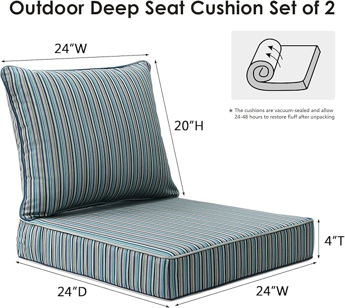 Sunbrella Outdoor Patio Chair Cushions Set, 24" x 24", Set of 2, Water-Repellent, Fade Resistant, Deep Seat Cushion for Backyard, Couch, Sofa and Patio Furniture, Swell Turquoise