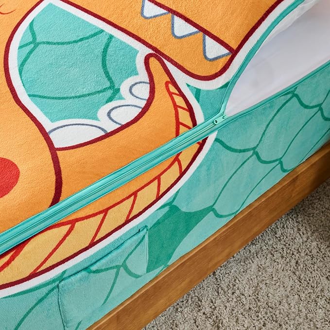 ZippySack Twin Bed Zip-Up Bedding – Super Soft Fleece Fitted Blanket with Side Pocket & Durable Zipper – Easy Bed-Making for Kids (Dinosaur)