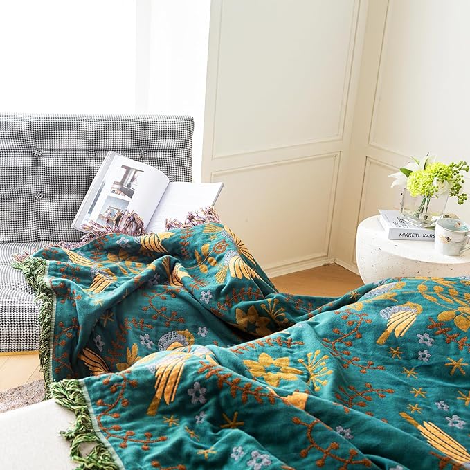 MSGKV Boho Throw Blanket Cotton Blanket for Couch and Sofa Cover for Living Room Fall Throw Cozy Gauze Blankets 50" x 60"