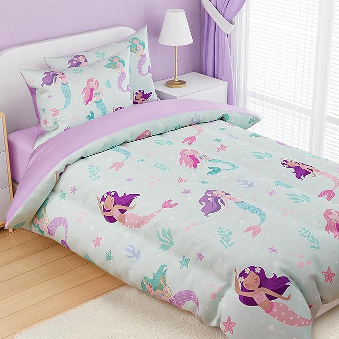 SANDJEST Mermaid Comforter Set Twin Size 68x86in for Kids Girls, Microfiber 3 Pcs Bedding Set Includes 1 Comforter, 1 Pillowcase, 1 Fitted Sheet, Nursery Room Decor