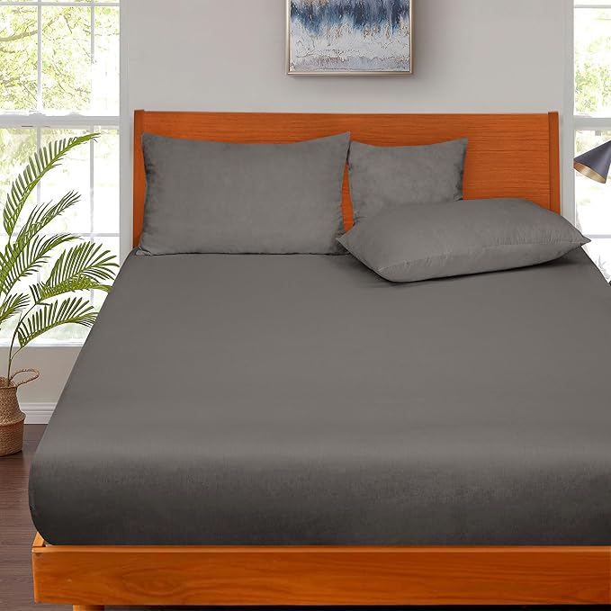 ROYALE LINENS 300 Thread Count 100% Long Staple Combed Cotton Fitted Sheet Full - Super Soft Deep Pocket Bottom Sheet - Fitted Sheets Only - Elastic Sheets (Full, Grey)