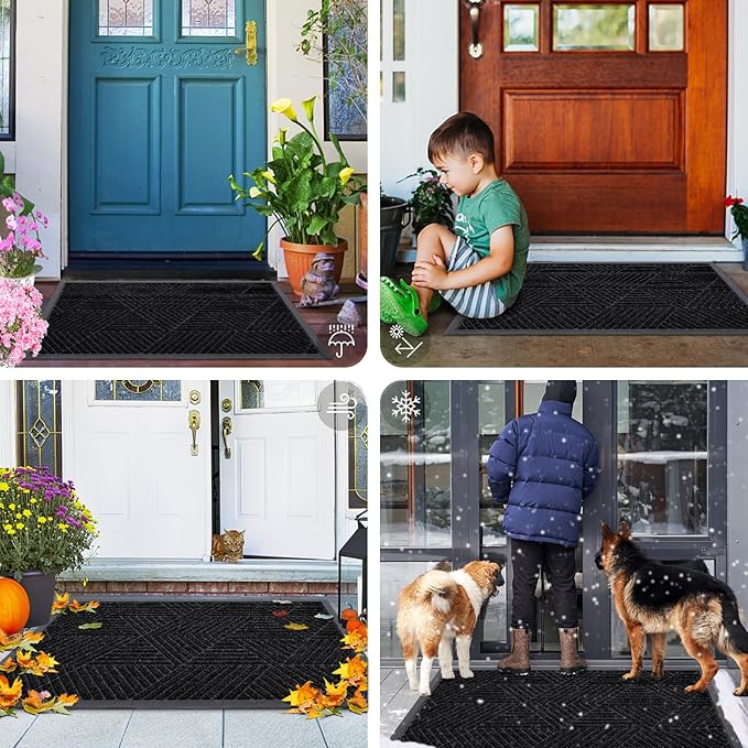 Smiry Front Door Mat Outside Entrance, Heavy Duty Sturdy Natural Rubber Doormat, Trap Dirt and Moisture, Easy Clean Low Profile Mats for Indoor Outdoor Entry, Irregular Triangle (33x21, Black)