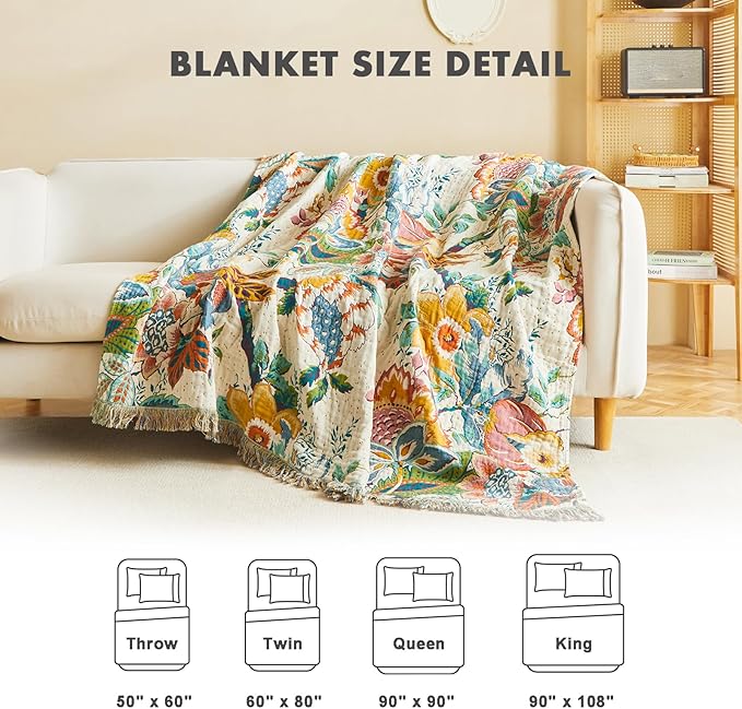 MSGKV Boho Throw Blanket for Couch 50"x60" 100% Cotton Vine Embroidery Blanket Bed Chair Sofa Blankets Muslin Breathable All Seasons Lightweight Farmhouse Blankets Home Decor