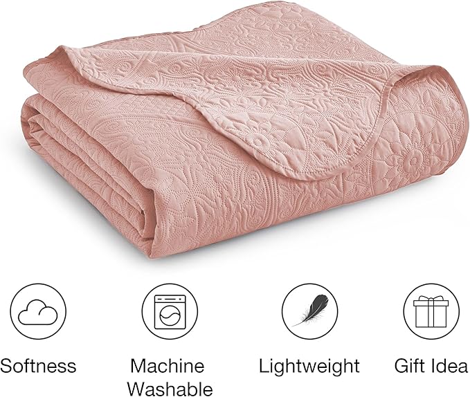 IR Imperial Rooms Twin Quilt Bedding Set Size (68" x 86") + 1 Pillow Shams (20" x 26"+ 2") - 2 Pcs All Season Lightweight Reversible Microfiber Coverlet Floral Embossed Quilt Bedspread (Baby Pink)
