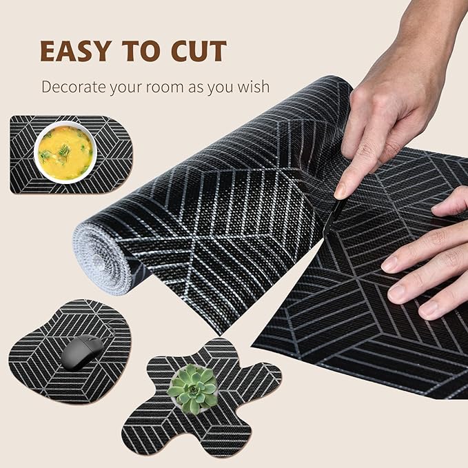 Shelf Liners for Kitchen Cabinets 12in x 20FT, Non Adhesive Cabinet Liner Strong Non-Slip Black and Silver Geometric Drawer Liner, Easy to Clean for Shelf, Cabinet with Knife and Tape Measure