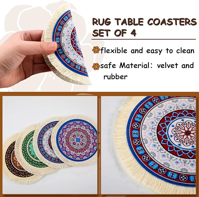 4 Pieces Rug Table Coasters Table Drink Holders Oriental Design Fabric Carpet Drink Mats Oriental Design Fabric Elegant Carpets Kitchen and Bar Mats for Home Office(Round,Fresh Pattern)