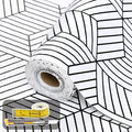 Shelf Liners for Kitchen Cabinets 17in x 20FT, Non Adhesive Cabinet Liner Strong Non-Slip Thickened Black White Geometric Drawer Liner, Easy to Clean for Shelf, Cabinet with Knife and Tape Measure
