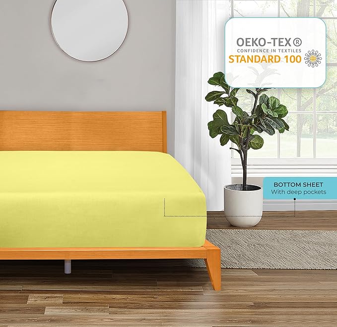 ROYALE LINENS 300 Thread Count 100% Long Staple Combed Cotton Fitted Sheet Full - Super Soft Deep Pocket Bottom Sheet - Fitted Sheets Only - Elastic Sheets (Full, Yellow)