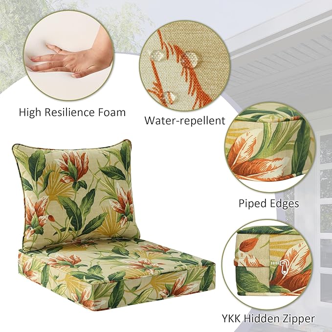 Outdoor Patio Chair Cushions Set, 24" x 24", Set of 2, Water-Repellent, Fade Resistant, Deep Seat Bottom and Back Cushion for Backyard, Couch, Sofa and Patio Furniture, Yellow Flower